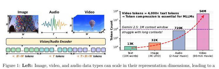 Token-compression motivation across image, audio, and video inputs